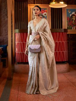 Odette - Off White Woven Design Silk Blend Handloom Saree with Unstitched Blouse for Women