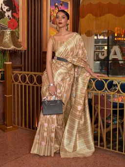 Odette - Beige Woven Design Silk Blend Handloom Saree with Unstitched Blouse for Women