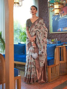 Odette - Grey and Rose Gold Woven Design Silk Blend Handloom Saree with Unstitched Blouse for Women