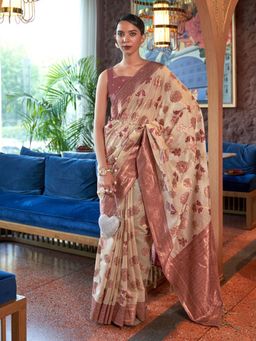 Odette - Beige and Pink Woven Design Silk Blend Handloom Saree with Unstitched Blouse for Women