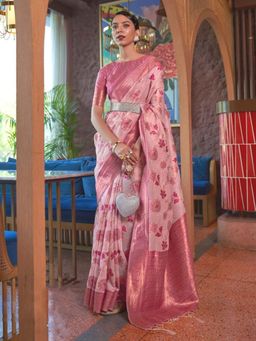 Odette - Pink Woven Design Silk Blend Handloom Saree with Unstitched Blouse for Women