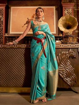 Odette - Teal and Gold Woven Design Silk Blend Handloom Saree with Unstitched Blouse for Women