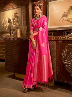 Odette - Pink and Gold Woven Design Silk Blend Handloom Saree with Unstitched Blouse for Women