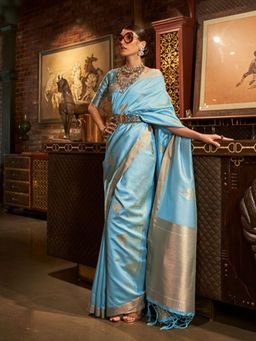 Odette - Blue and Gold Woven Design Silk Blend Handloom Saree with Unstitched Blouse for Women