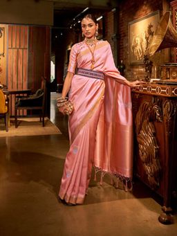 Odette - Pink and Gold Woven Design Silk Blend Handloom Saree with Unstitched Blouse for Women