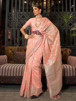 Odette - Peach Woven Design Silk Blend Handloom Saree with Unstitched Blouse for Women
