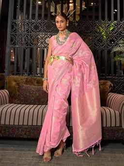 Odette - Pink Woven Design Silk Blend Handloom Saree with Unstitched Blouse for Women