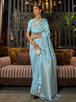 Odette - Blue Woven Design Silk Blend Handloom Saree with Unstitched Blouse for Women