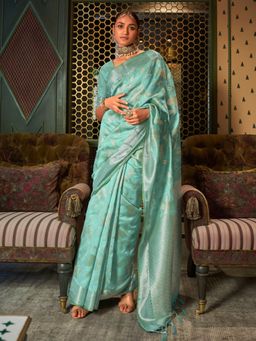 Odette - Sea Green Woven Design Silk Blend Handloom Saree with Unstitched Blouse for Women