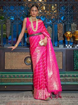Odette - Pink and Silver Woven Design Silk Blend Handloom Saree with Unstitched Blouse for Women