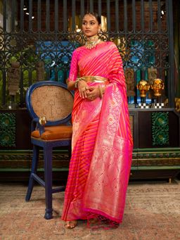 Odette - Pink and Yellow Woven Design Silk Blend Handloom Saree with Unstitched Blouse for Women