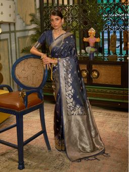 Odette - Navy Blue and Gold Woven Design Silk Blend Handloom Saree with Unstitched Blouse for Women