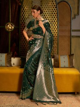 Odette - Green and Gold Woven Design Silk Blend Handloom Saree with Unstitched Blouse for Women