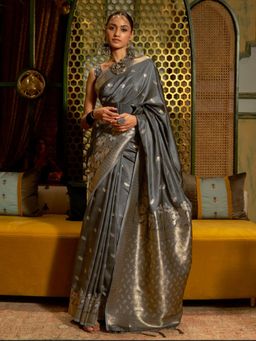 Odette - Grey and Gold Woven Design Silk Blend Handloom Saree with Unstitched Blouse for Women