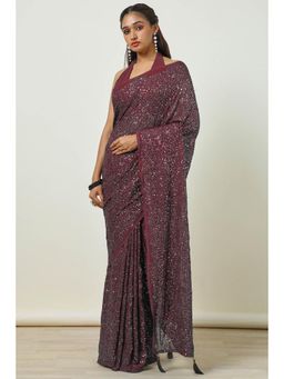 Soch - Womens Wine Chiffon Embellished Saree with Unstitched Blouse Sequence Work