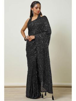 Soch - Womens Black Chiffon Embellished Saree with Unstitched Blouse Sequence Work