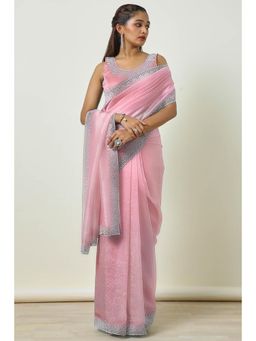 Soch - Womens Peach Organza Embellished Saree Stone Work with Unstitched Blouse
