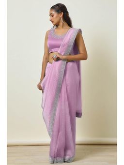Soch - Womens Lavender Organza Embellished Saree Stone Work with Unstitched Blouse
