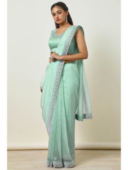 Soch - Womens Sap Green Organza Embellished Saree Stone Work with Unstitched Blouse