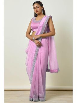 Soch - Womens Blush Pink Organza Embellished Saree Stone Work with Unstitched Blouse