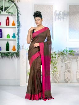 CHARUKRITI - Brown Pure Cotton Handwoven Soft Saree with Unstitched Blouse