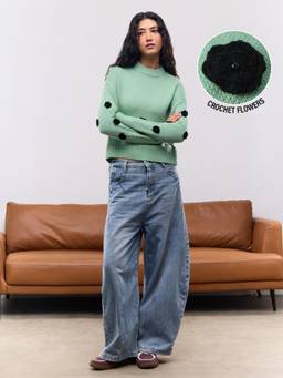 The Souled Store - Mint Crochet Bloom Lurex Sweater