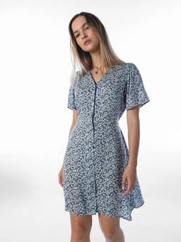 ONLY - Womens Blue Floral V-Neck Mini Dress
