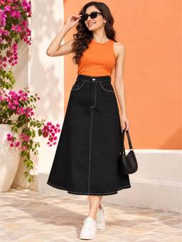 Codaisy PRO - Women Black Zip Clouser Long Denim Midi Skirt