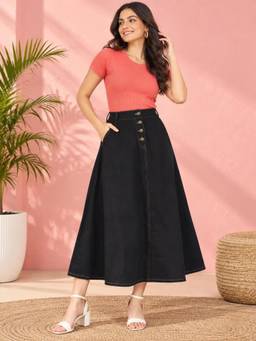 Codaisy PRO - Women Blue Button Front Denim Midi Skirt