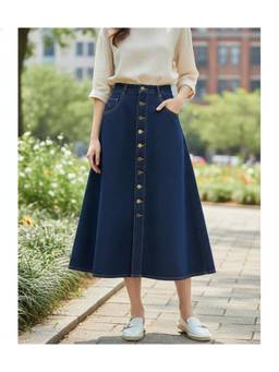 Codaisy PRO - Women Blue Button Down Denim Midi Skirt