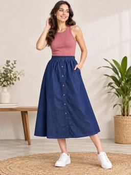 Codaisy PRO - Women Blue Elastic Waist Flared Denim Midi Skirt