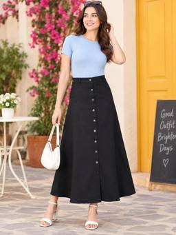 Codaisy PRO - Women Black Button Down Long Denim Midi Skirt