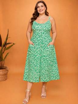 Oxolloxo - Women Plus Size Green Floral Print Midi Dress