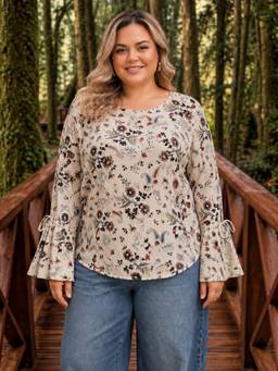 Oxolloxo - Women Plus Size White Floral Print Bell Sleeve Top