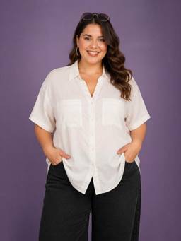 Oxolloxo - Women Plus Size Off- White Solid Cotton Linen Shirt
