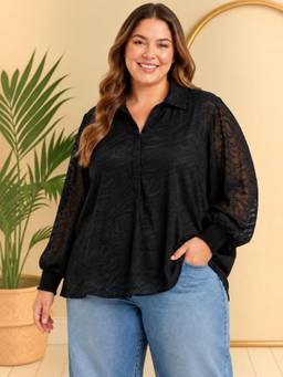 Oxolloxo - Women Plus Size Black Smocked Poly Dobby Top