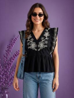Oxolloxo - Women Black Embroidered Flutter Cotton Poplin Top