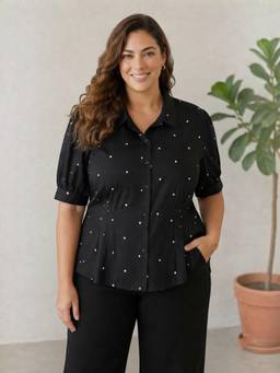 Oxolloxo - Women Plus Size Black Polka Dot Print Shirt
