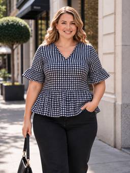 Oxolloxo - Women Plus Size Navy Blue Check Cotton Peplum Top