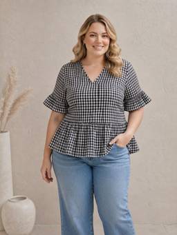 Oxolloxo - Women Plus Size Black Check Cotton Peplum Top