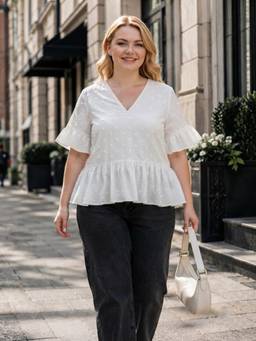 Oxolloxo - Women Plus Size White Cotton Dobby Peplum Top