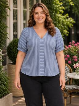 Oxolloxo - Women Plus Size Blue Stripe Print Dobby Cotton Top