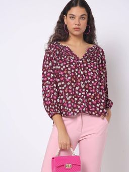 GAP - Womens Floral Print V-Neck Peasant Top - Maroon