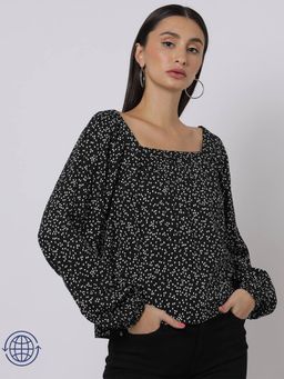 GAP - Womens Printed Square Neck Peasant Top - Black