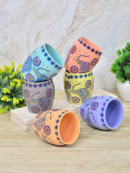 FABINALIV - Multi-Color Motifs Handcrafted Ceramics Glossy Kulhads (Pack Of 6)