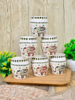 FABINALIV - White Graphic Handcrafted Ceramics Glossy Kulhads (Pack Of 6)