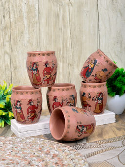 FABINALIV - Rust Graphic Handcrafted Ceramics Glossy Kulhads (Pack Of 6)