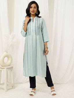 Jaipur Kurti - Embroidered Light Blue Pintuck Straight Kurta