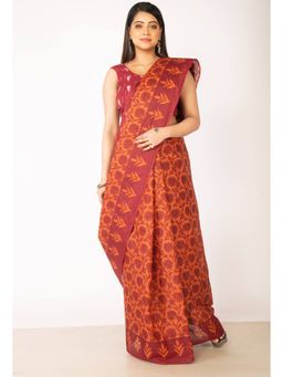 Unnati Silks - Orange Maroon Pure Krisha Block Printed Cotton Saree with Unstitched Blouse