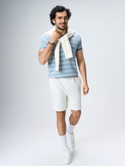 House of Namah - Powder Blue Luxe Gridline Cotton Regular V-Polo T-Shirt